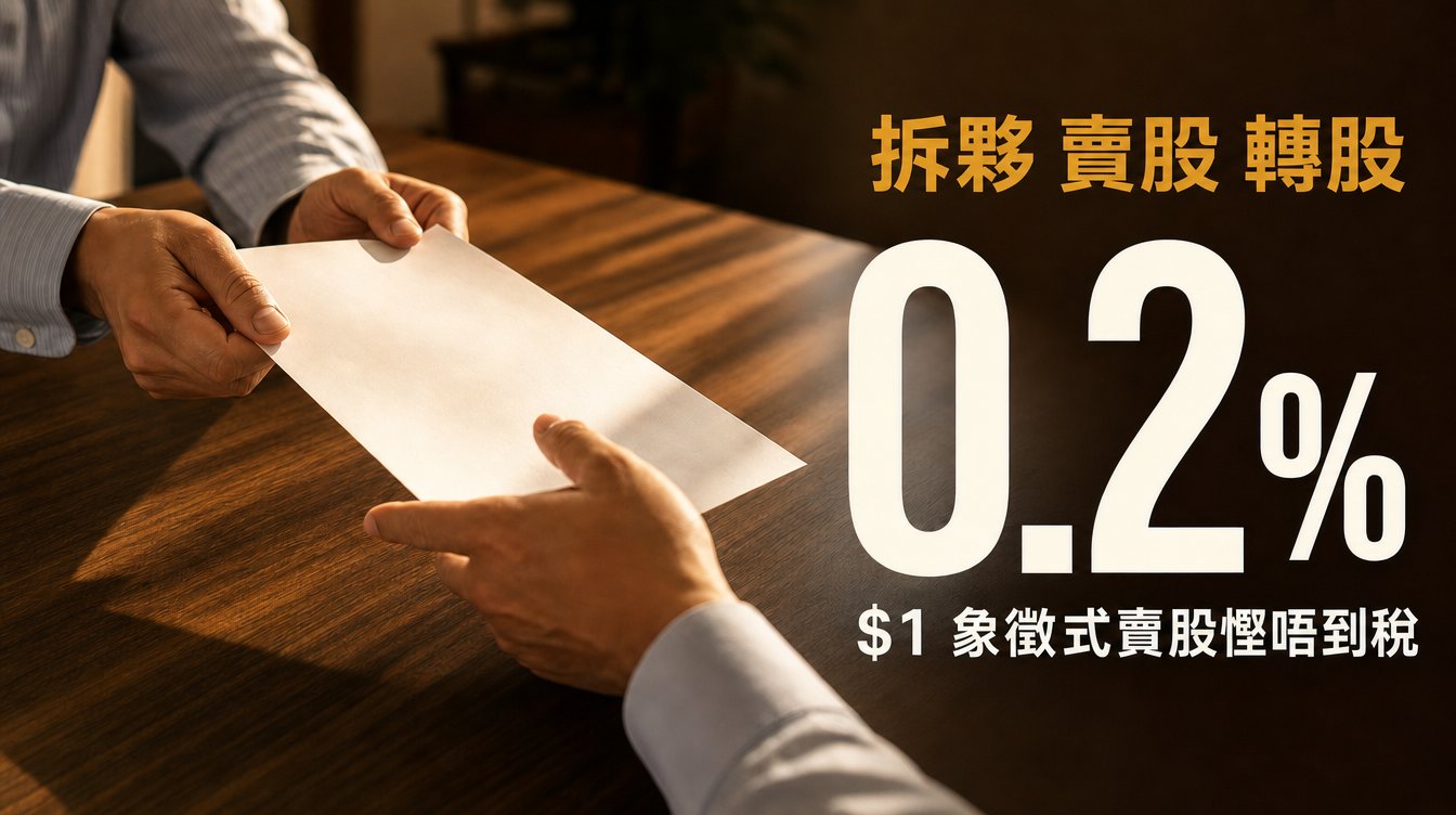 暖色中景，兩雙手隔住木枱交接一份空白文件，右邊大字「0.2%」，上方寫「拆夥 賣股 轉股」，下方寫「＄1 象徵式賣股慳唔到稅」