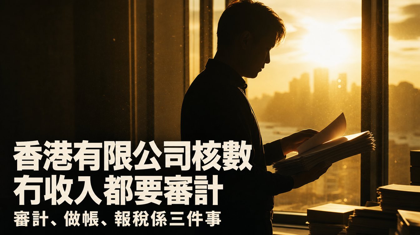 金色逆光下一個人喺窗前揭一疊空白文件嘅剪影，左下大字「冇收入都要審計」，上方寫「香港有限公司核數」，下方寫「審計、做帳、報稅係三件事」