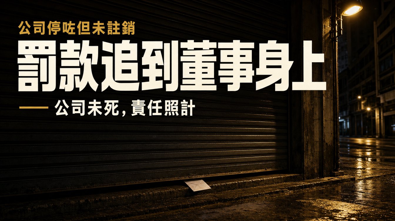夜晚街燈下一道落咗閘嘅捲閘，底部夾住一封白信封，上方大字「罰款追到董事身上」，寫住「公司停咗但未註銷」同「公司未死，責任照計」