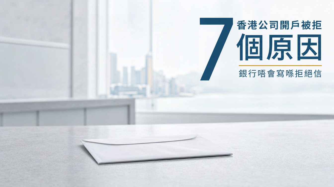 冷灰銀行櫃檯上一封退回嘅白信封，右上深藍大字「7 個原因」，上方寫「香港公司開戶被拒」，下方寫「銀行唔會寫喺拒絕信」