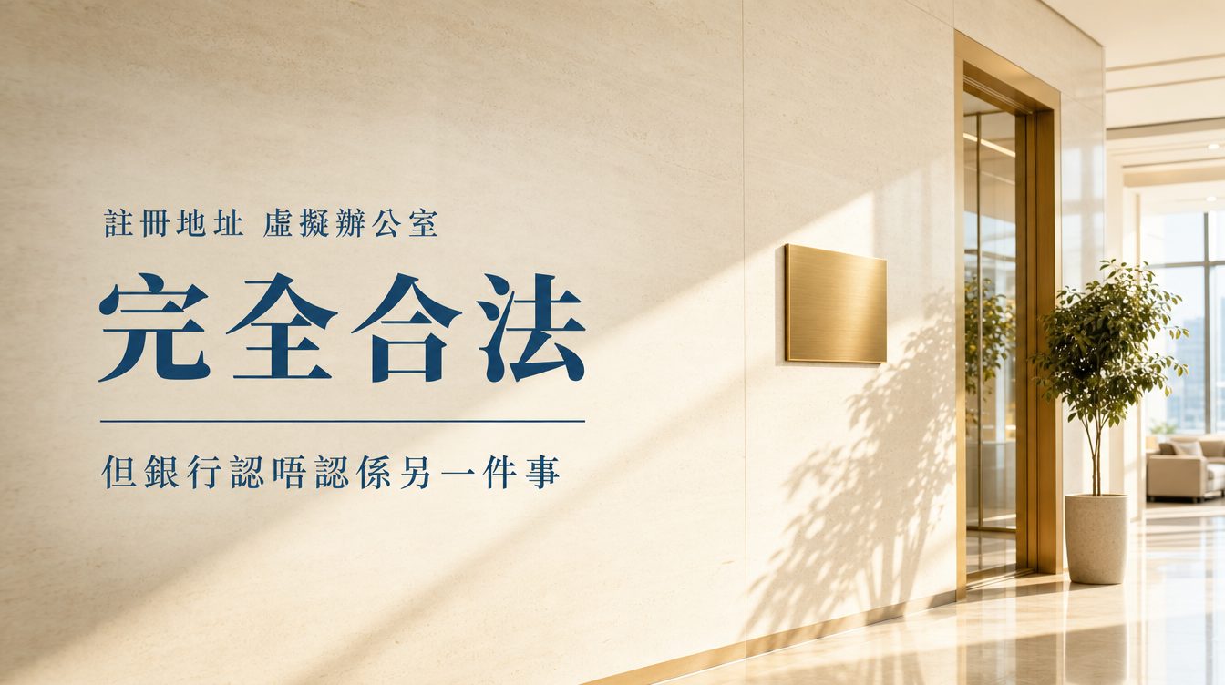 陽光走廊同無刻字嘅黃銅門牌，左邊深藍襯線大字「完全合法」，上方寫「註冊地址 虛擬辦公室」，下方寫「但銀行認唔認係另一件事」