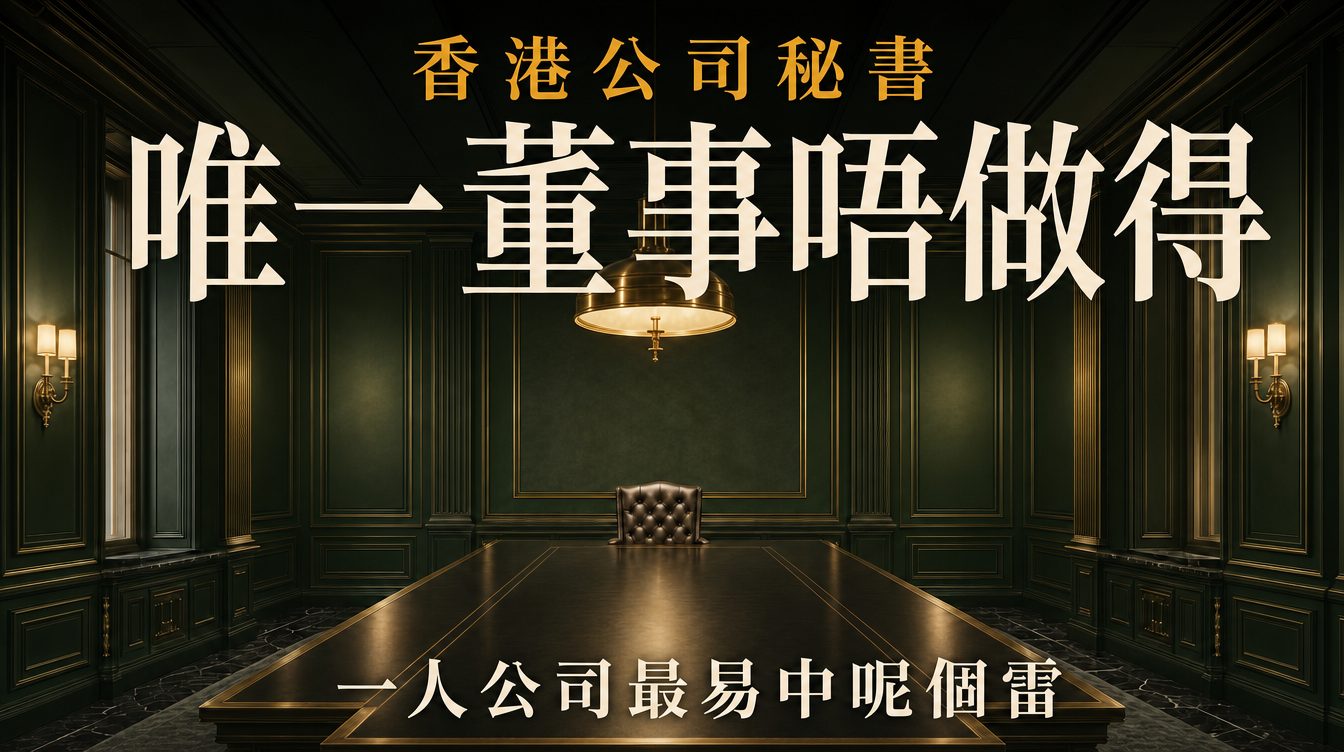 墨綠會議室一點透視，長枱盡頭只得一張櫈，置中襯線大字「唯一董事唔做得」，上方寫「香港公司秘書」，下方寫「一人公司最易中呢個雷」