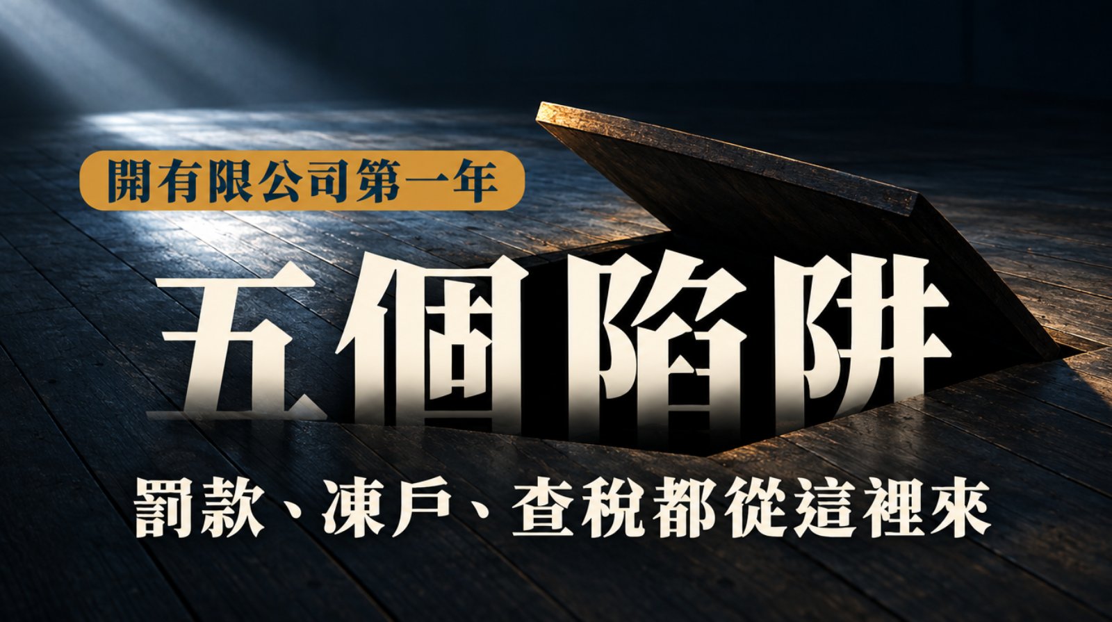 昏暗空房的木地板上掀開了一塊地板暗格，下面是一片漆黑，一道硬光斜照過地板。封面大字「五個陷阱」，字腳沒入暗格的黑色中，上方寫「開有限公司第一年」，下方一行「罰款、凍戶、查稅都從這裡來」