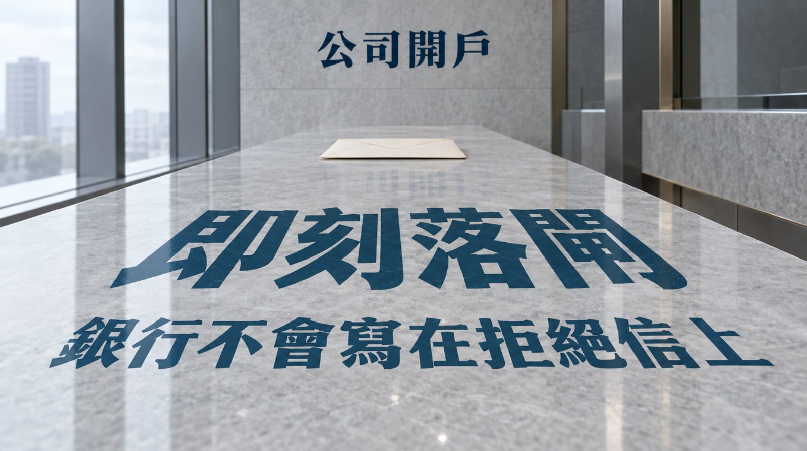 低角度拍攝一列淺灰雲石銀行櫃枱向畫面深處延伸，一個密封的米白信封反面向上，放在櫃枱較遠處。封面大字「即刻落閘」平貼在櫃枱面上，跟隨櫃枱的透視近大遠細，石面映出筆劃的反光；上方寫「公司開戶」，下方一行「銀行不會寫在拒絕信上」