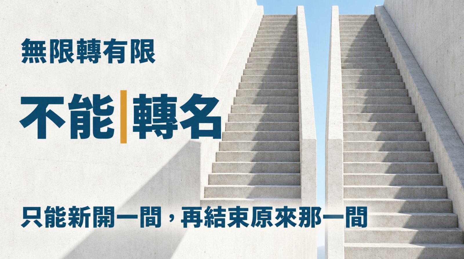 兩道各自獨立的清水混凝土樓梯並排上升，中間隔著一道天光，永不相接，硬日光投下利落斜影。封面大字「不能轉名」一行排開，中間一條金色直線對準兩梯之間的空隙，上方寫「無限轉有限」，下方一行「只能新開一間，再結束原來那一間」