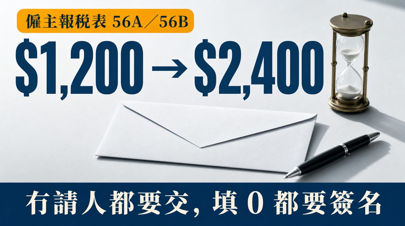 冷灰高調枱面上一封未拆嘅政府信封、黑筆同銅沙漏。封面深藍大字「$1,200 → $2,400」，上方寫「僱主報稅表 56A／56B」，下方寫「冇請人都要交，填 0 都要簽名」