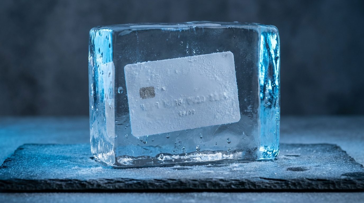 深色桌面上一張銀行卡凍結在一塊透明冰裡面