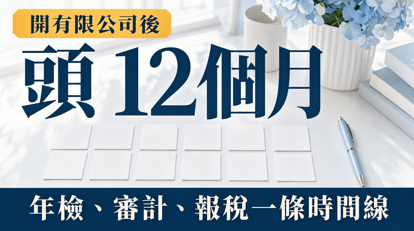 淺米色枱面上攤開嘅月曆同一支筆，幾格用橙色圈住。封面大字「首 12 個月」，上方寫「開有限公司之後」，下方橙色橫幅寫「邊個月要做乜，一次講清」