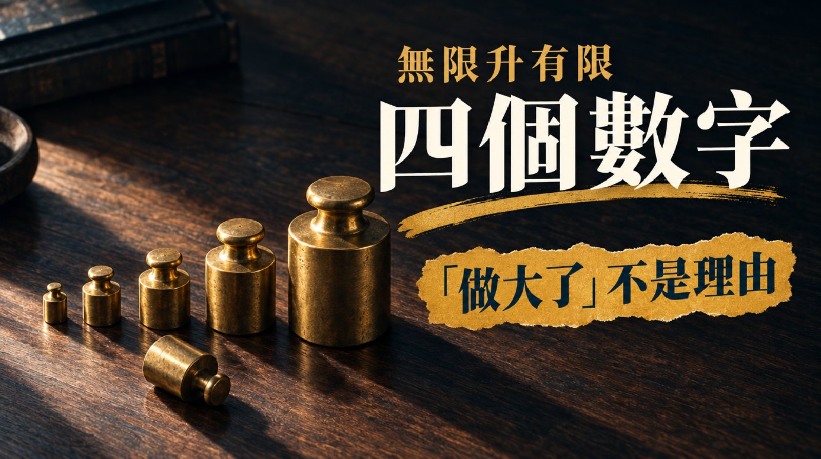 深色胡桃木枱面俯拍，一列黃銅砝碼由細至大排開，其中一個倒下，側光由左掠過。封面大字「四個數字」，下有金色筆刷掃過，上方寫「無限升有限」，下方撕紙金標籤寫「「做大了」不是理由」