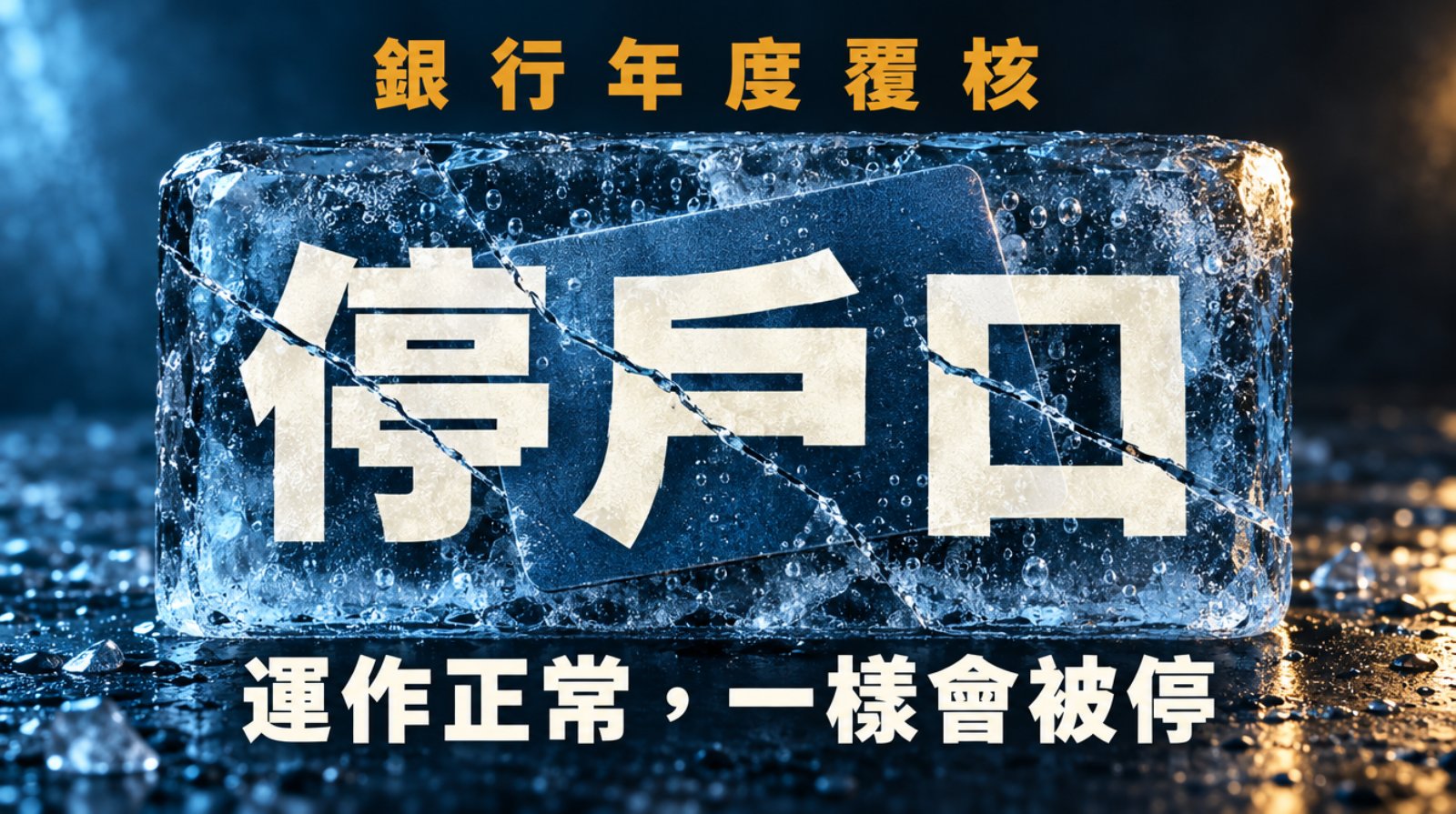 一張銀行卡凍結在一整塊透明冰內，冰紋與氣泡穿過，冷藍側光，表面有水珠。封面大字「停戶口」印在冰上，筆劃被冰的裂紋切斷並輕微錯位，上方寫「銀行年度覆核」，下方一行「運作正常，一樣會被停」