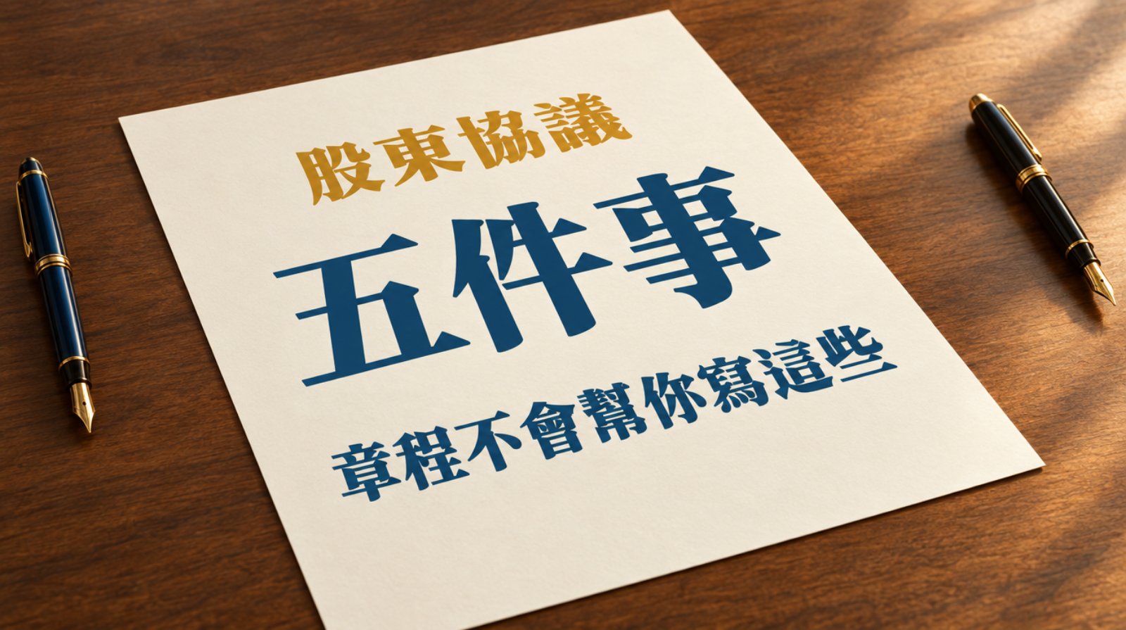 胡桃木桌面以四分三俯角拍攝，一張米白空白紙攤在桌上，左右兩邊各放一支鋼筆，與紙張保持距離。封面三行字全部依紙張的透視平躺在紙上：金色一行「股東協議」、深藍大字「五件事」、深藍一行「章程不會幫你寫這些」