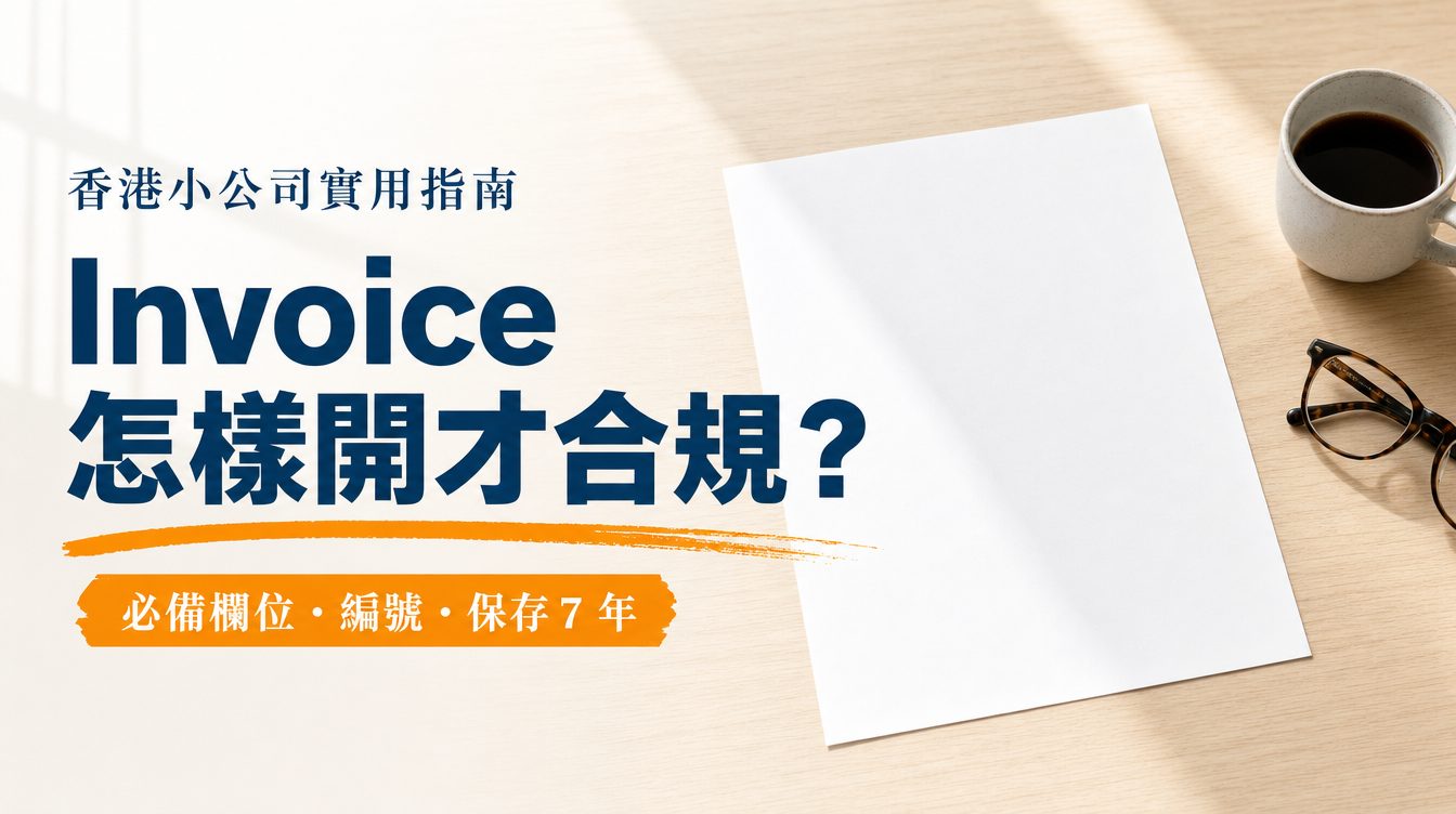 淺色木桌上一張空白白紙、咖啡杯和眼鏡，日光柔和。封面大字「Invoice 怎樣開才合規？」，上方寫「香港小公司實用指南」，橙色標籤寫「必備欄位・編號・保存 7 年」