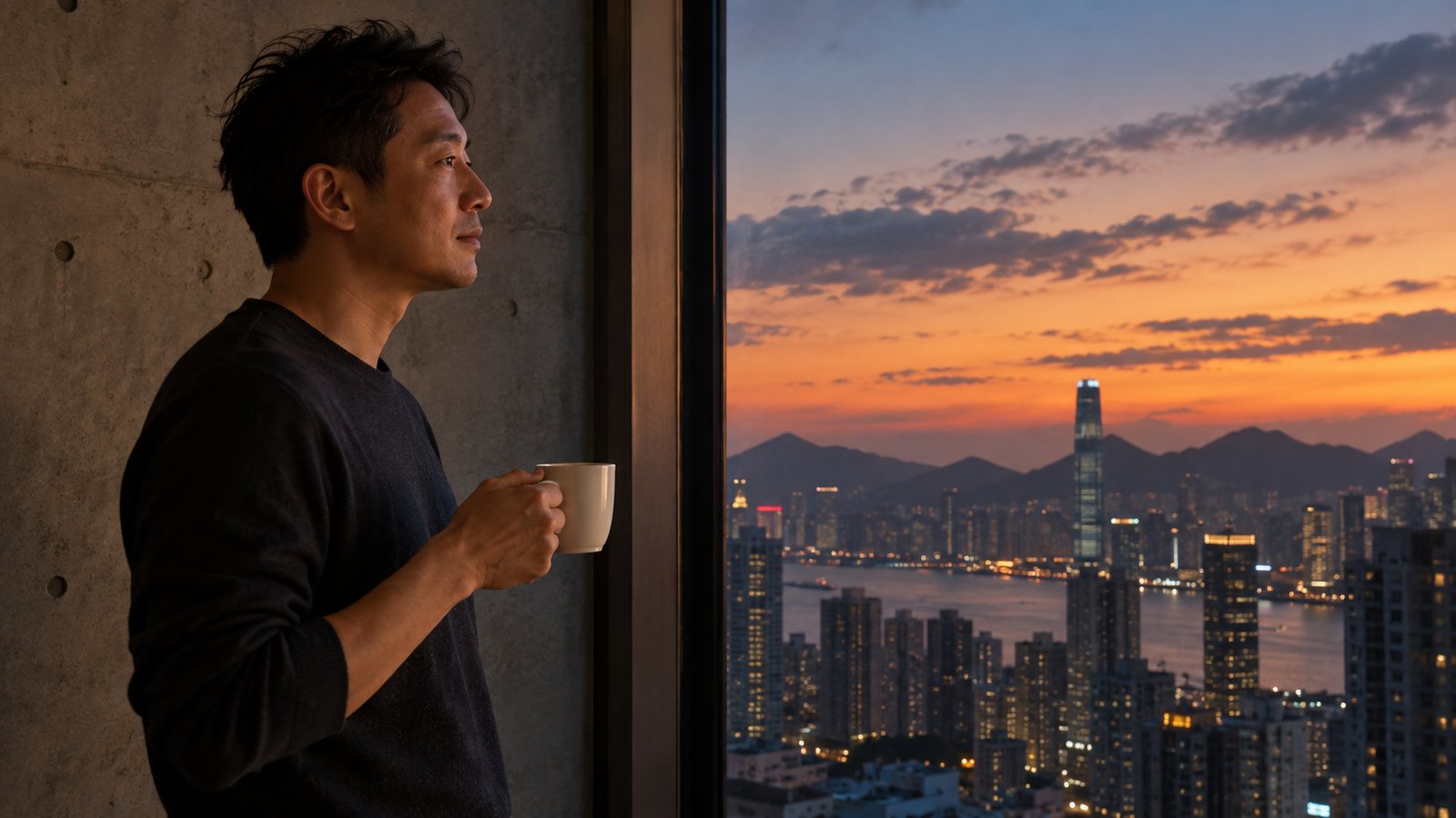 一名男士黃昏時站在窗邊，手持茶杯望向窗外
