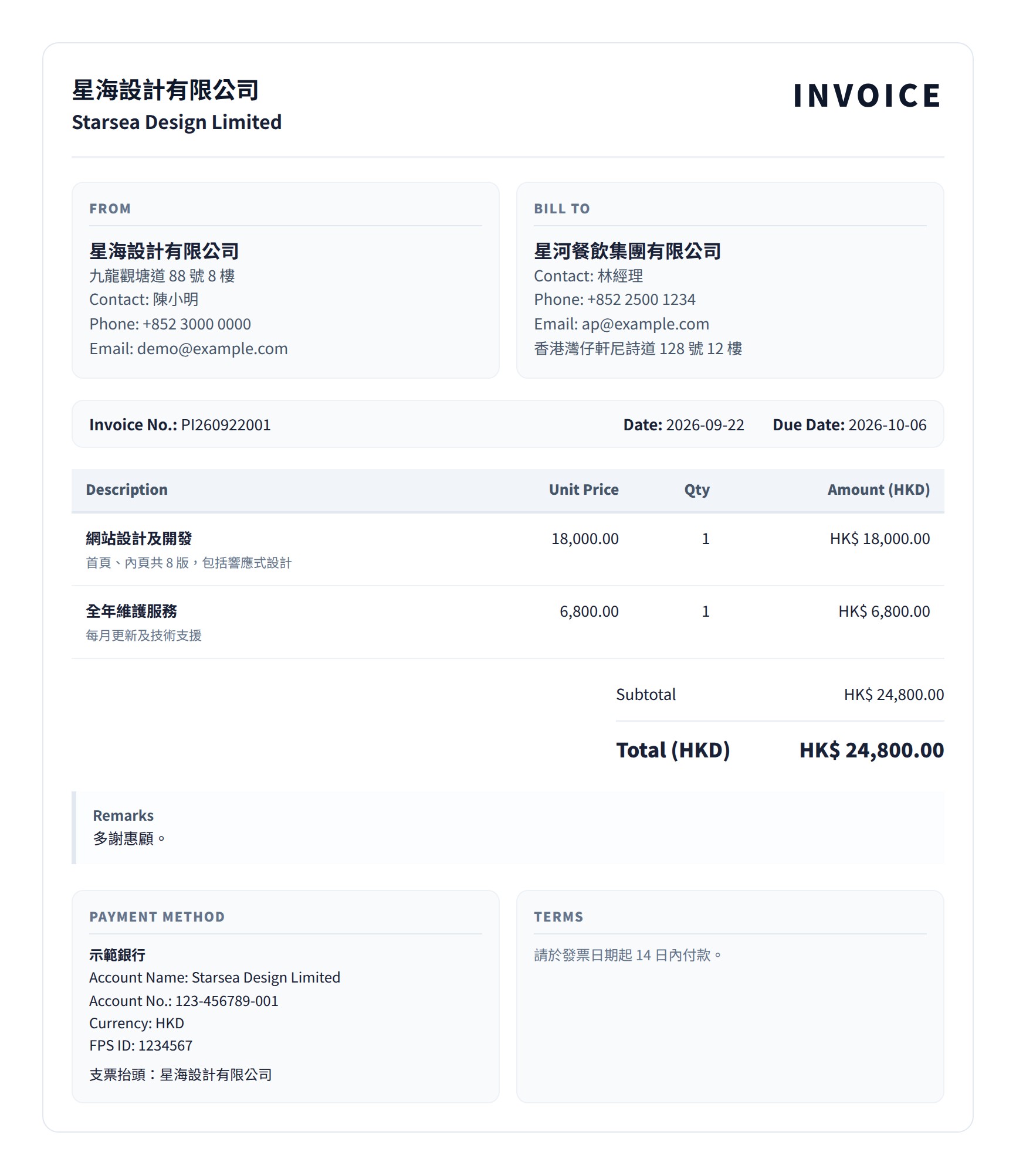 一張經典版面的 Invoice 範例，上方為公司名稱及 INVOICE 標題，中間為項目表，下方為總額